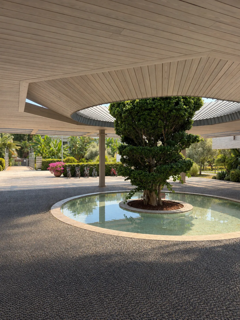 Open roof structure around a tree at D-Resort Göcek