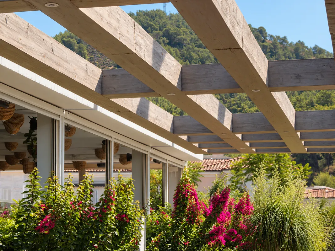 Open timber grids frame the landscape at D-Resort Göcek