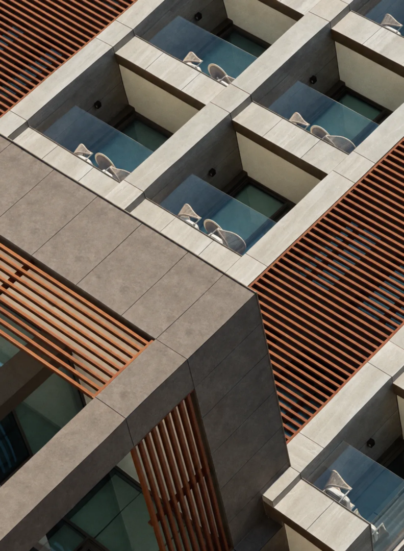 Sinterflex ceramic and timber-toned aluminium facade