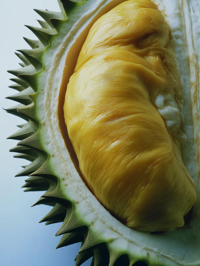 Close-up of an opened durian fruit showing yellow flesh, fibrous white interior and green thorn-covered rind.