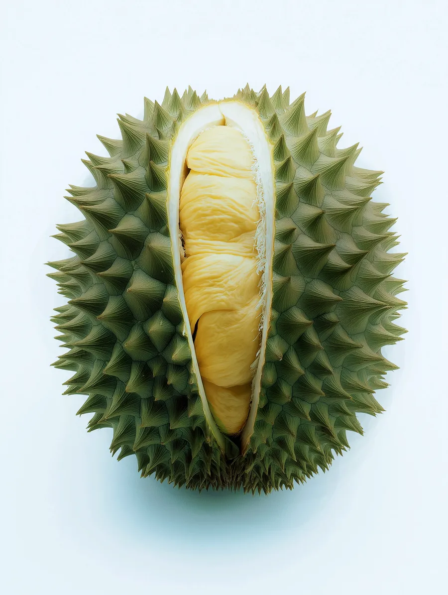 Opened durian fruit photographed from above, revealing yellow flesh surrounded by a green spiked shell against a pale background.