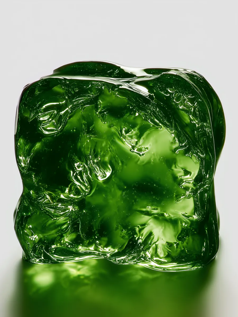 Translucent green gelatin-like form with folds, glossy reflections and an irregular surface against a light gray background.