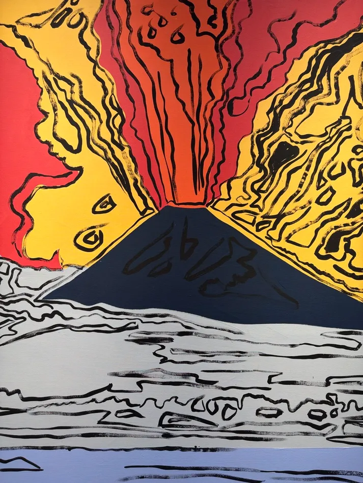 Andy Warhol's Vesuvius depicts an erupting volcano with red, yellow and orange lava against a dark mountain and pale landscape, outlined in black.