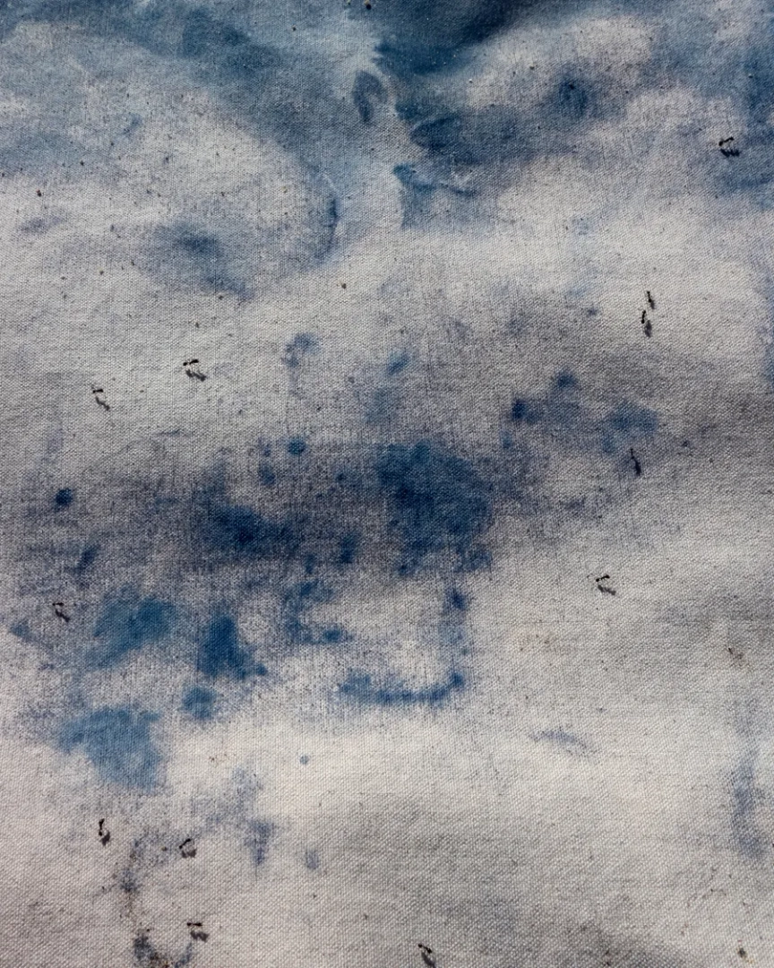 Abstract blue-gray stains and scattered dark marks across a textured fabric surface, forming irregular patterns.
