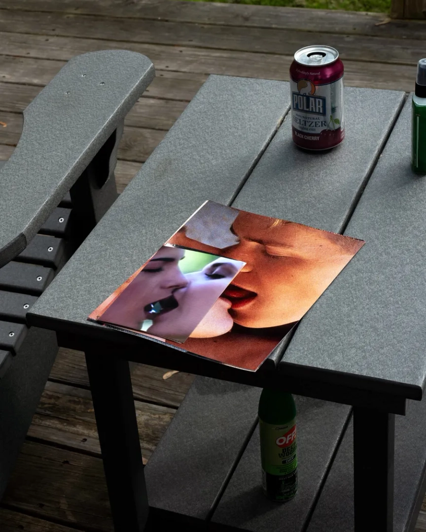 Overlapping photographs of two faces with open mouths placed on a gray outdoor table beside a cherry seltzer can.