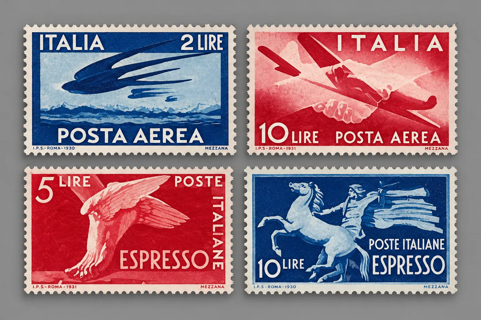 Quattro francobolli italiani degli anni Trenta dedicati alla posta aerea e al servizio espresso, con raffigurazioni di velivoli e figure allegoriche, nei tagli da 2, 5 e 10 lire