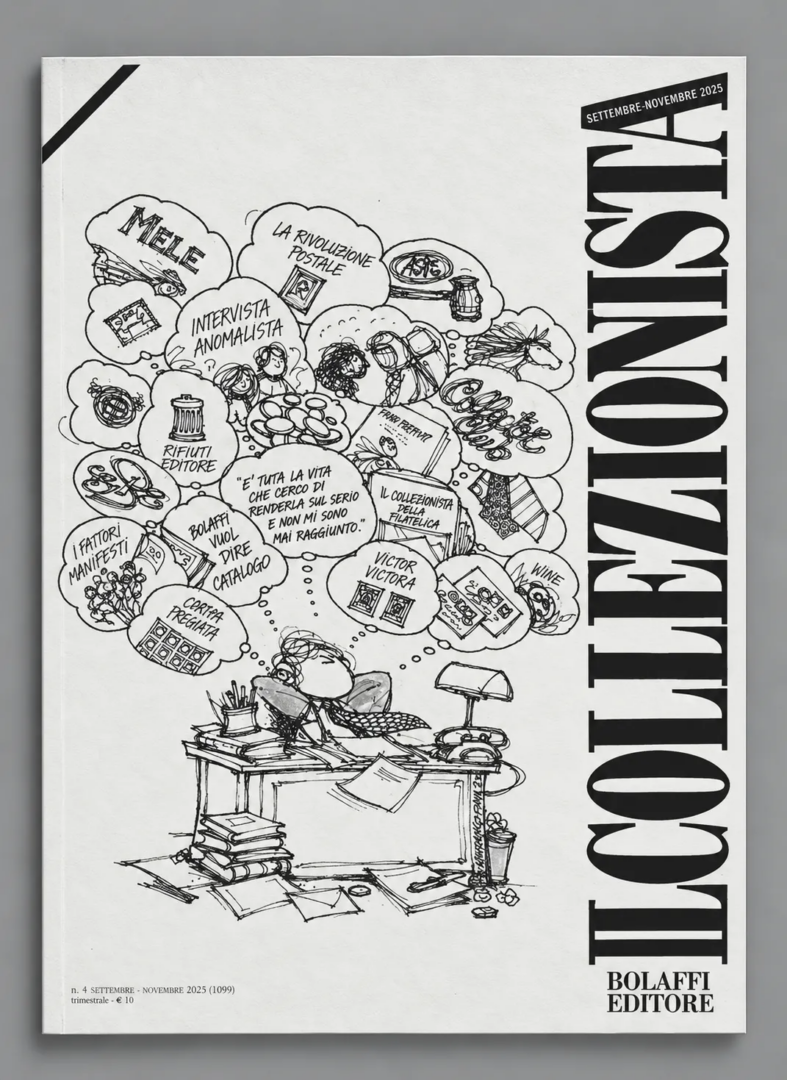 Copertina della rivista Il Collezionista di Bolaffi Editore, numero 4, settembre-novembre 2025, con illustrazione in bianco e nero di un collezionista alla scrivania, circondato da vignette dedicate alla filatelia e al collezionismo