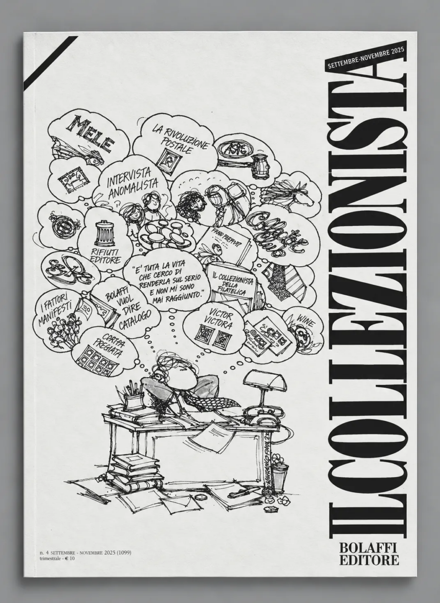 Copertina della rivista Il Collezionista di Bolaffi Editore, numero 4, settembre-novembre 2025, con illustrazione in bianco e nero di un collezionista alla scrivania, circondato da vignette dedicate alla filatelia e al collezionismo