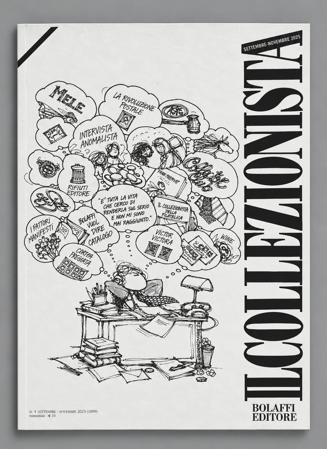 Copertina della rivista Il Collezionista di Bolaffi Editore, numero 4, settembre-novembre 2025, con illustrazione in bianco e nero di un collezionista alla scrivania, circondato da vignette dedicate alla filatelia e al collezionismo