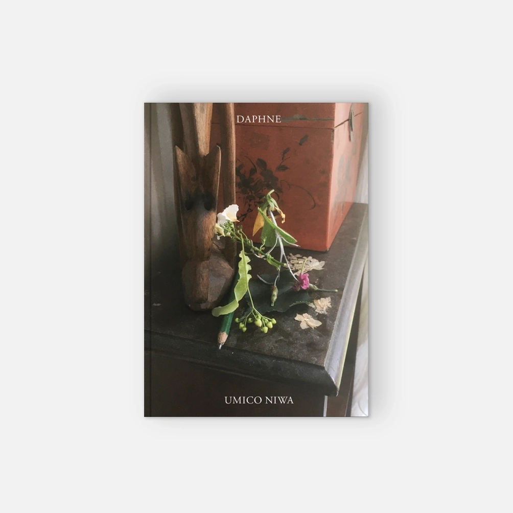 Cover of Daphne by Umico Niwa, featuring flowers, branches and a wooden sculpture arranged on a dark tabletop.