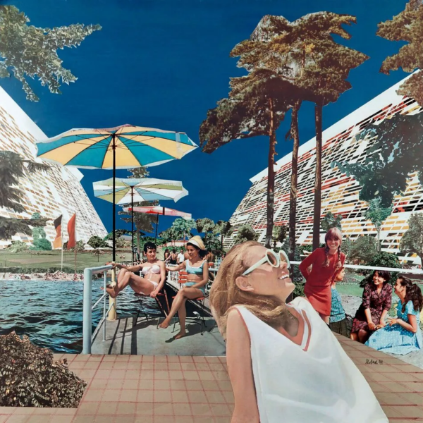 Dieter Urbach's 1971 architectural utopia Großhügelhaus, showing women beside a swimming pool, colorful umbrellas, trees and large sloping residential structures.
