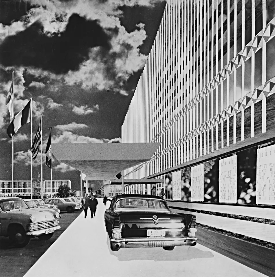 Architectural collage of the GDR Ministry of Foreign Affairs in Berlin, showing a modernist facade, parked cars, national flags and pedestrians along the entrance.