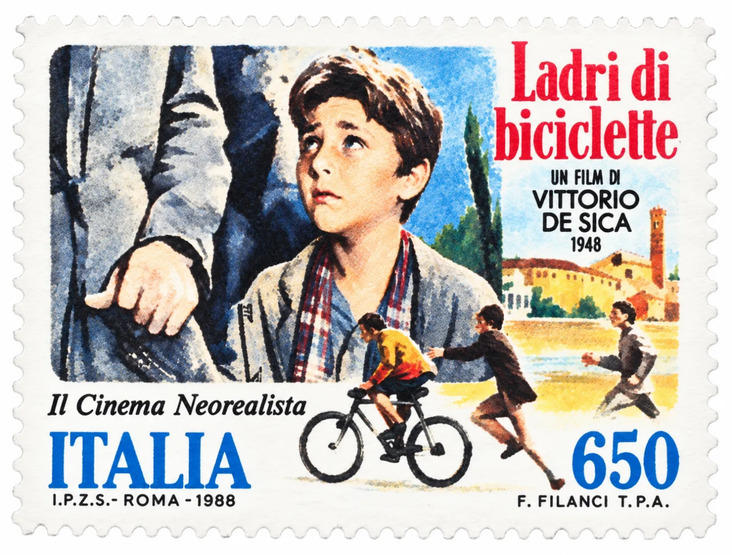Francobollo italiano da 650 lire del 1988 dedicato al film Ladri di biciclette di Vittorio De Sica, nell'ambito della serie sul cinema neorealista. 