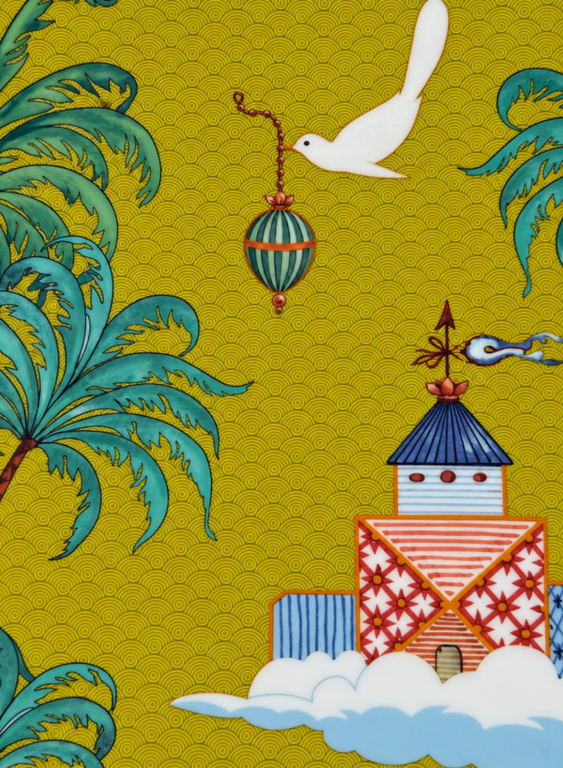 Teatro dei Sogni, Geminiano Cozzi Venezia 1765. Palms, a pavilion in the Chinese taste, a white bird with a chain and a striped egg, after an eighteenth-century Venetian vase at Ca' Rezzonico