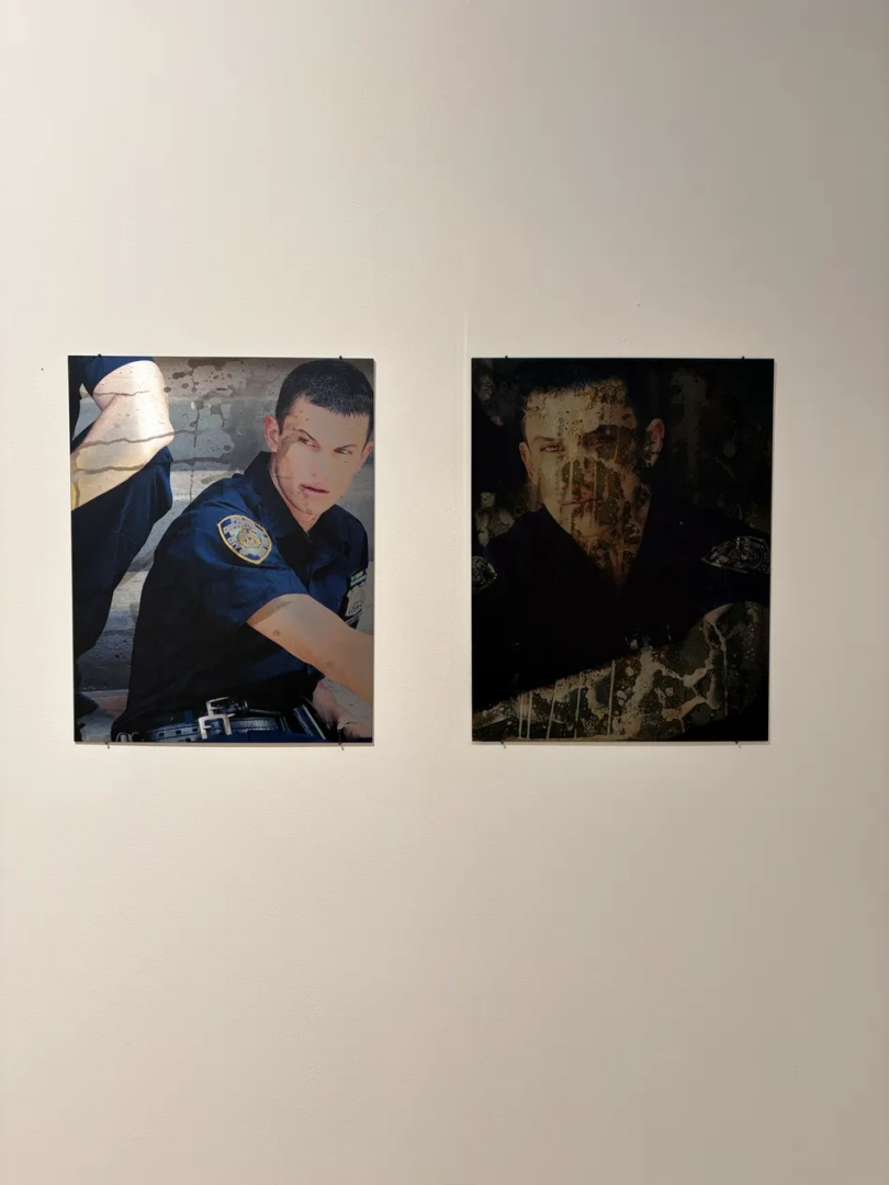 Two photographic portraits of a man in a dark police uniform displayed side by side, one brightly lit and the other obscured by dark stains and distressed textures.