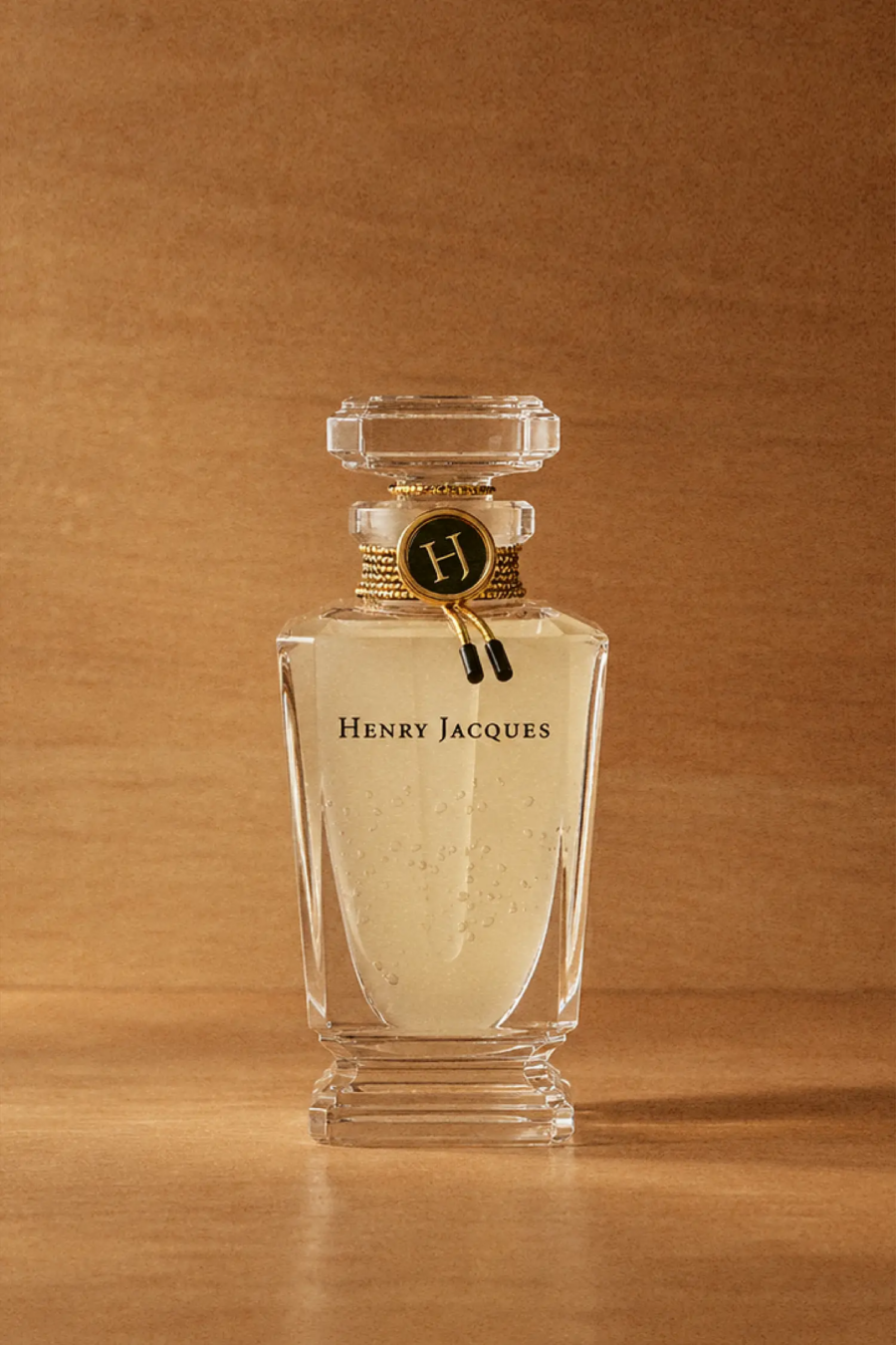 Henry Jacques Rose Snow de HJ perfume in a clear crystal flacon containing pale yellow concentrate with visible particles, set against a warm brown background.