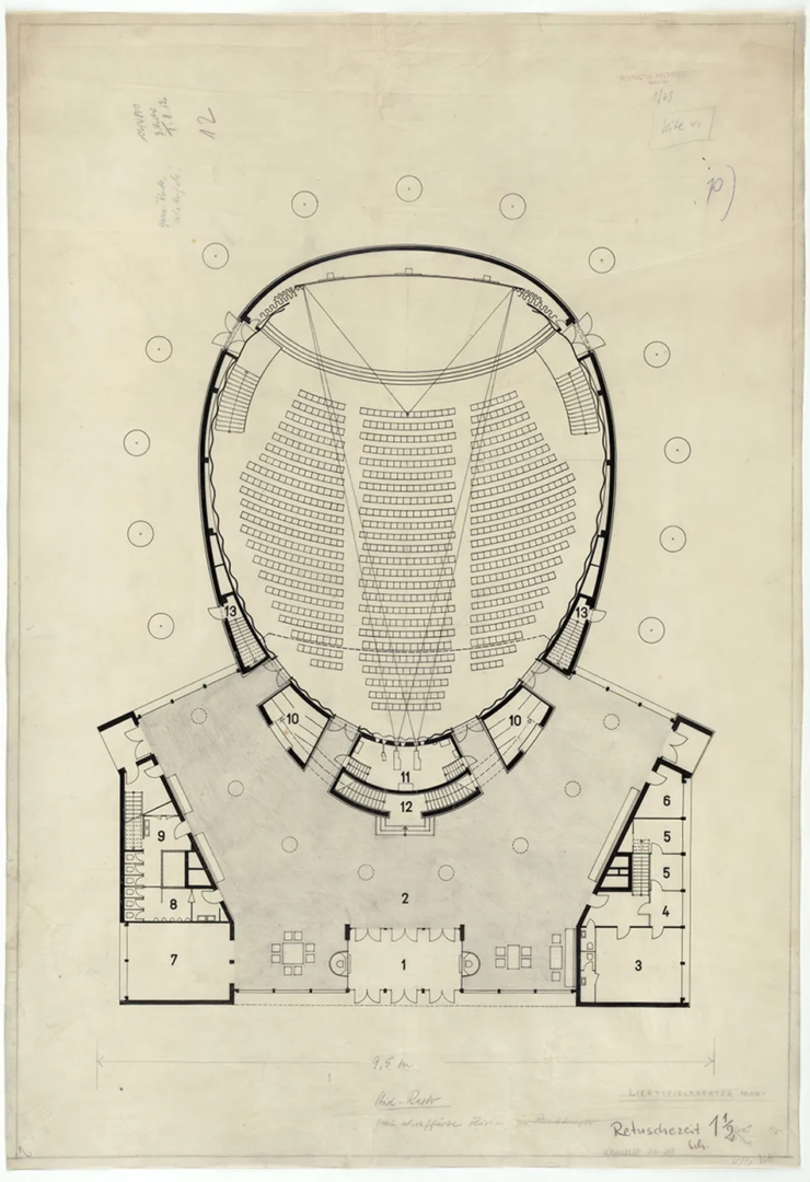 Architectural floor plan by Josef Kaiser for Kino Kosmos, showing the curved auditorium, rows of cinema seating, entrance hall and adjoining rooms.