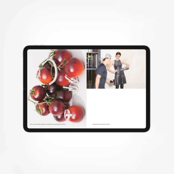 Lampoon SALIVA Issue 34 Digital Edition displayed on a tablet, showing an editorial spread with diamond jewelry arranged on dark red tomatoes and a model in a metallic dress.