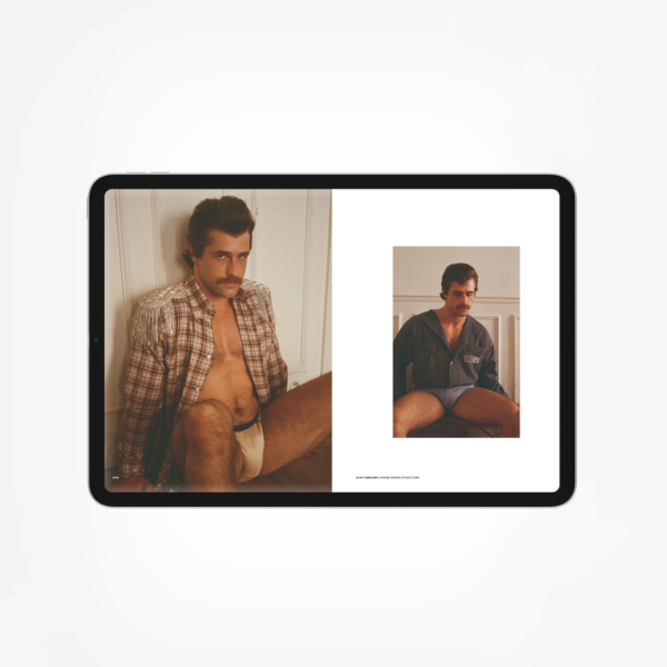 Lampoon SALIVA Issue 34 Digital Edition displayed on a tablet, showing a fashion editorial with a moustached male model in a checkered embellished jacket, underwear and a dark zip jacket.