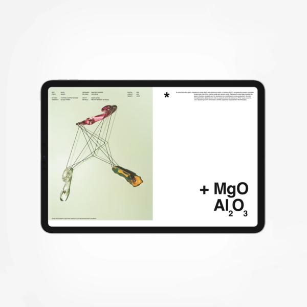 Lampoon SALIVA Issue 34 Digital Edition displayed on a tablet, featuring Martino Gamper glass hooks alongside the chemical formulas MgO and Al2O3.