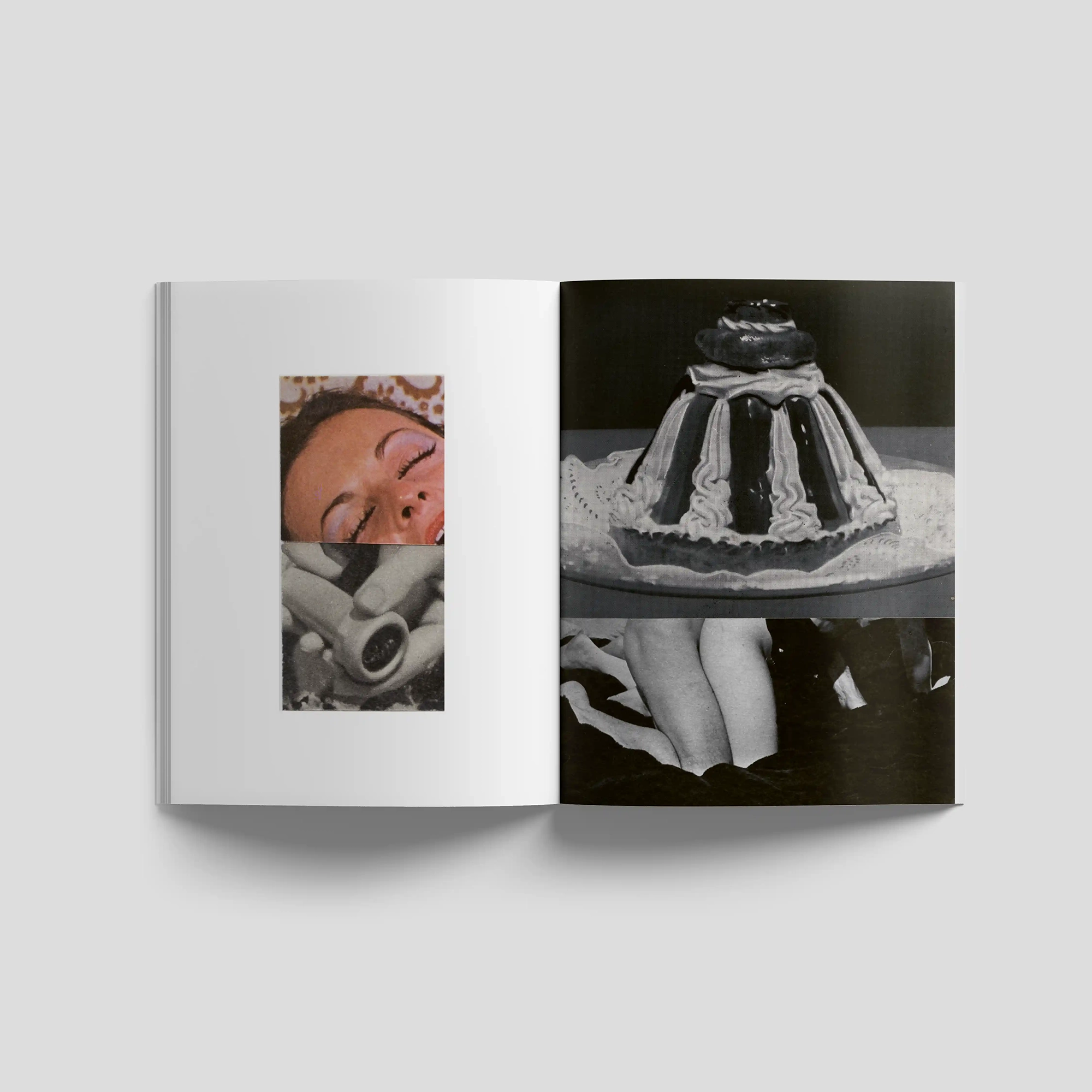 Lampoon SALIVA Issue 34 editorial spread featuring a collage of a woman’s face, hands, a molded dessert and cropped legs in color and black-and-white photography.