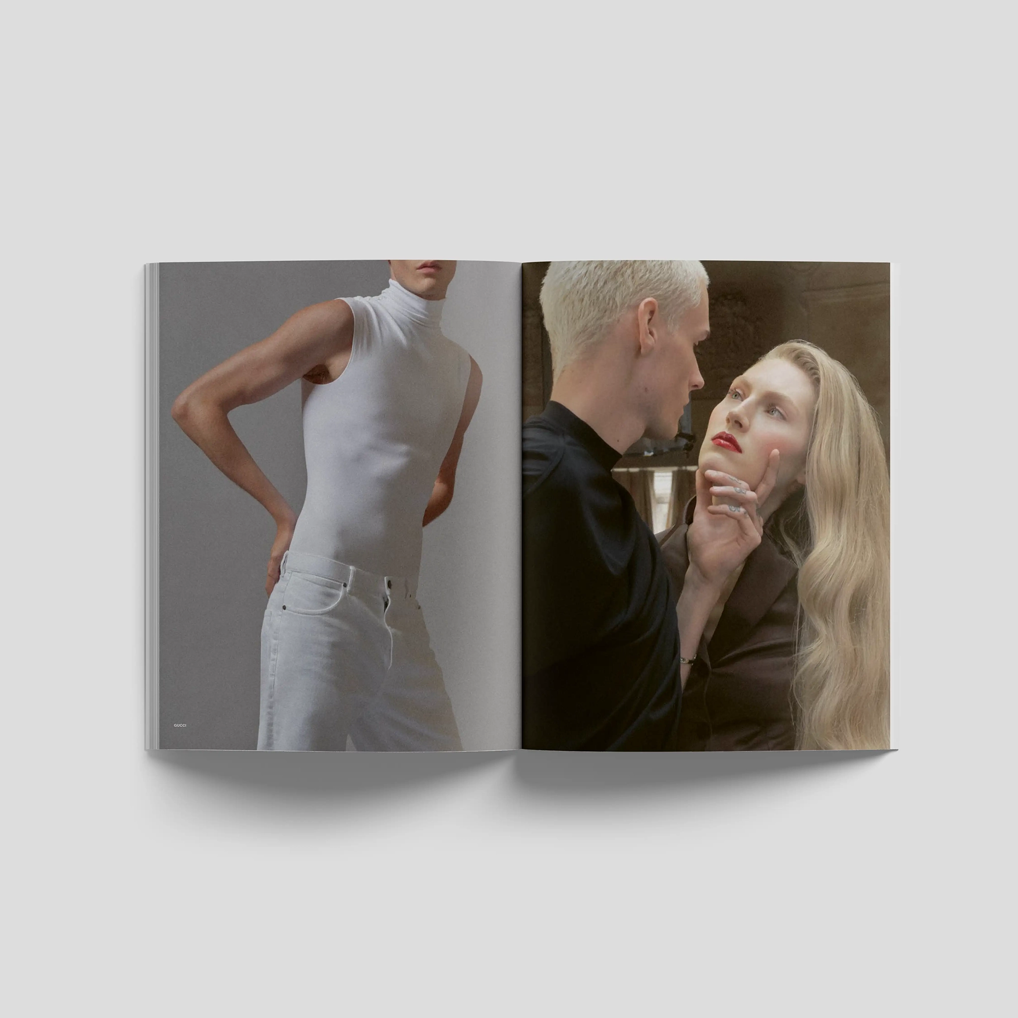 Lampoon SALIVA Issue 34 fashion editorial spread featuring a model in a white sleeveless Gucci look and an intimate portrait of two models in black Gucci tailoring.