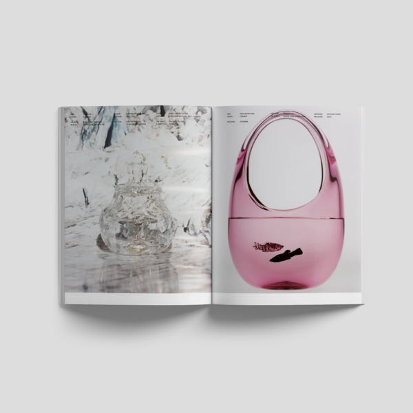 Lampoon SALIVA Issue 34 editorial spread featuring a transparent hand-blown glass object and a pink Coperni glass shoulder bag photographed as sculptural design pieces.