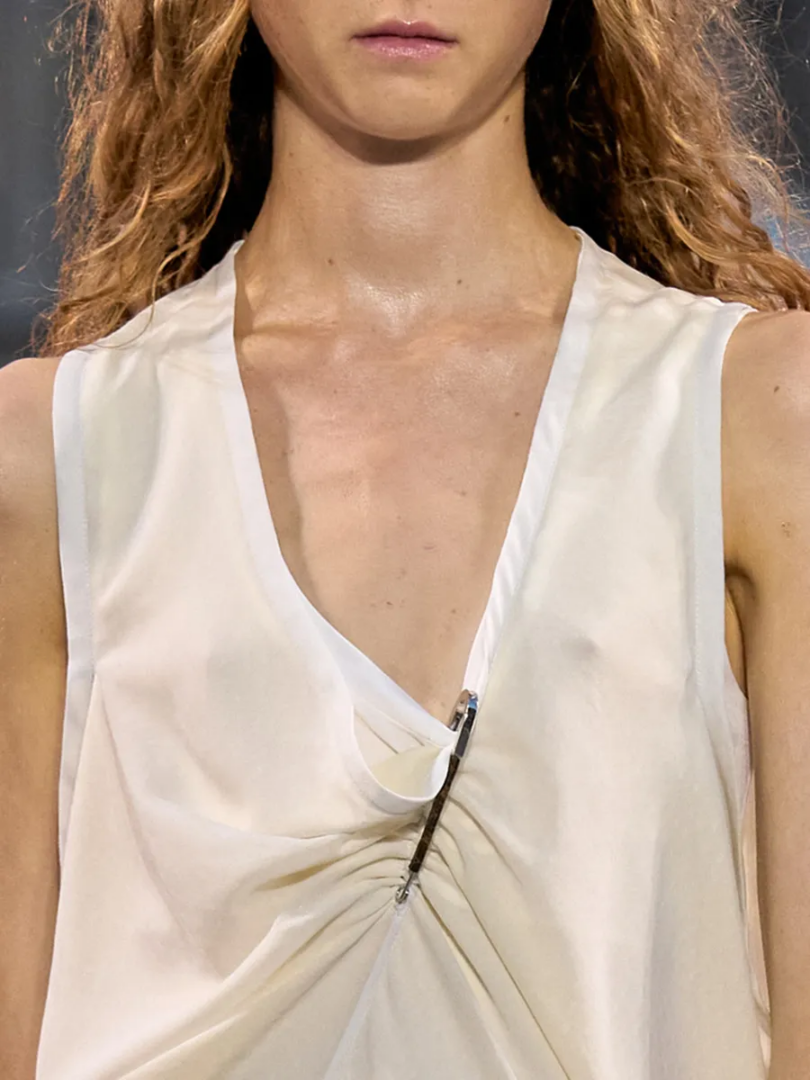 Louis Vuitton SS27 white sleeveless dress gathered at the front with a metal fastening and draped lightweight fabric