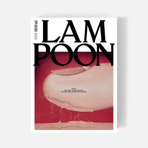Lampoon SALIVA Issue 34 cover — Horny for Culture, Fall Winter 2026, featuring a close-up of a finger and saliva against a red background
