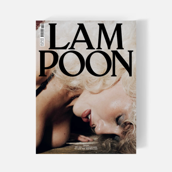Lampoon SALIVA Issue 34 cover — Horny for Culture, Fall Winter 2026, featuring a close-up portrait of a blonde model lying on the floor