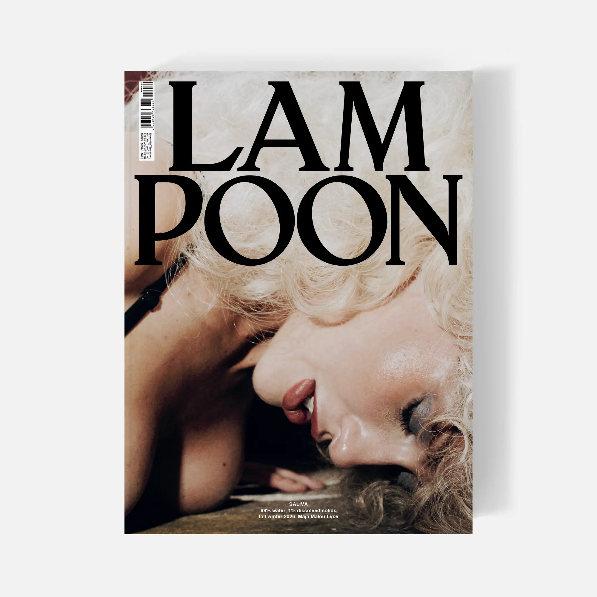 Lampoon SALIVA Issue 34 cover — Horny for Culture, Fall Winter 2026, featuring a close-up portrait of a blonde model lying on the floor