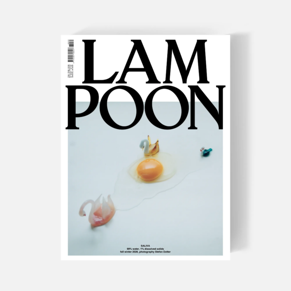 Lampoon SALIVA Issue 34 cover — Horny for Culture, Fall Winter 2026, featuring a raw egg surrounded by small glass swan figurines on a pale blue background.