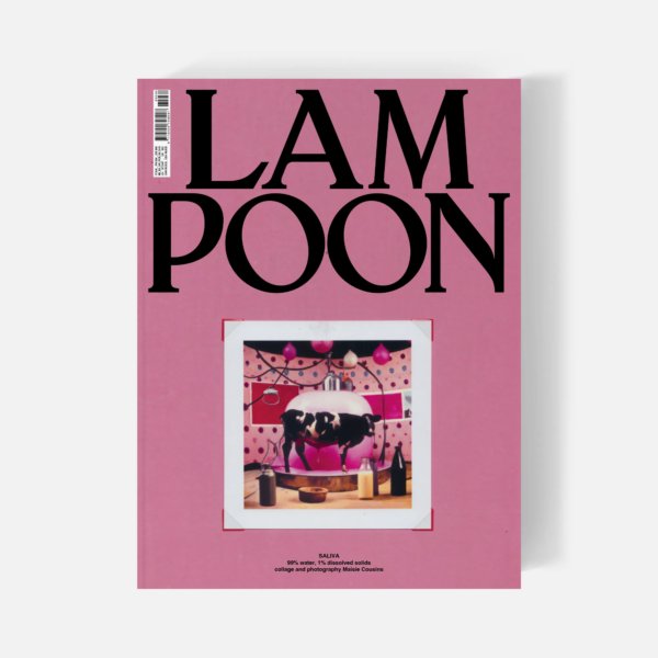 Lampoon SALIVA Issue 34 cover on a pink background, featuring a Maisie Cousins collage of a cow inside a surreal pink milking-room installation