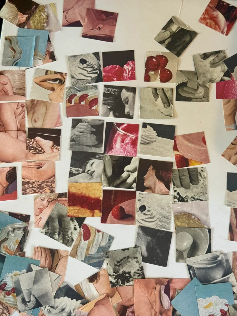 Collage of overlapping photographic cutouts depicting fragments of nude bodies, hands, faces, whipped cream, cherries, and desserts, arranged across a white surface in muted pink, red, and blue tones.