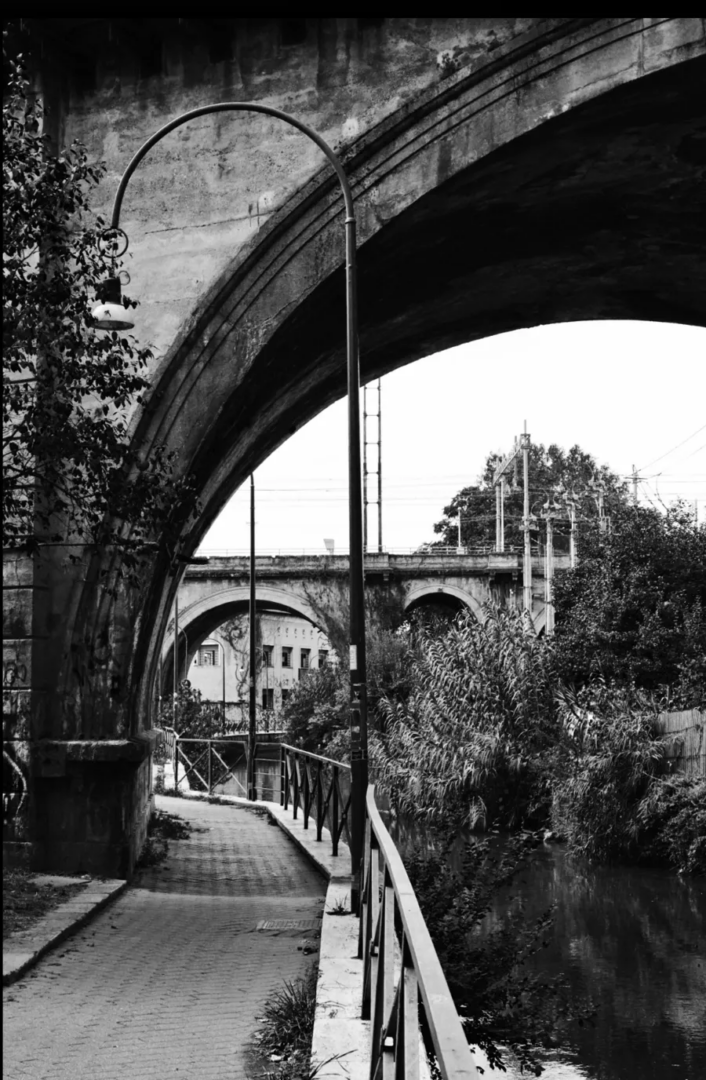 Black-and-white photograph of a pedestrian path beneath a stone arch bridge along the Naviglio Martesana, with metal railings and vegetation.