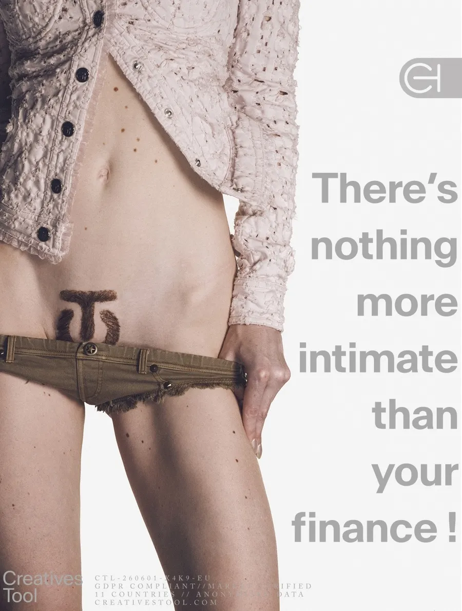 Cropped torso wearing a textured cream jacket and low-rise khaki shorts, revealing a dark symbol in the pubic area. Natacha Voranger for Creatives Tool.