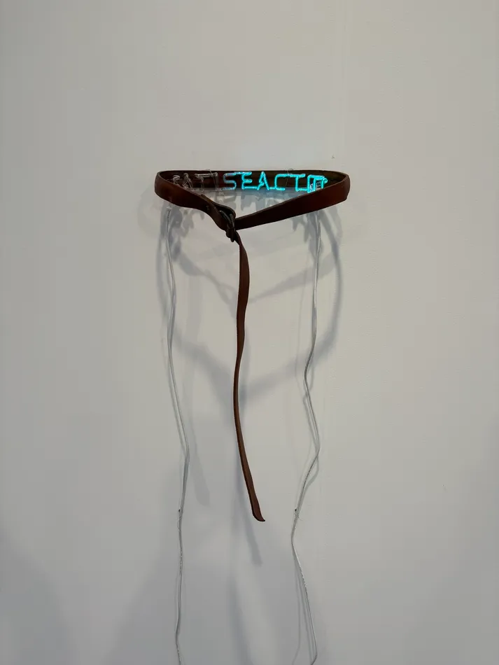 Wall-mounted installation by Pier Paolo Calzolari featuring a suspended brown leather belt, turquoise illuminated lettering and transparent electrical wires against a white background.