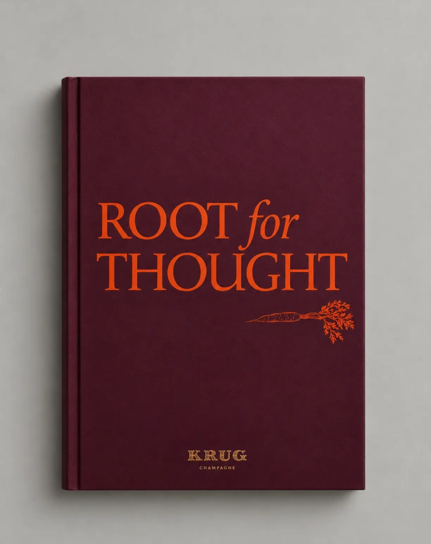 Root for Thought (2025) by Krug. 146 carrot-based recipes by chefs from 34 countries, developed around gastronomic pairings with Krug Grande Cuvée and Krug Rosé