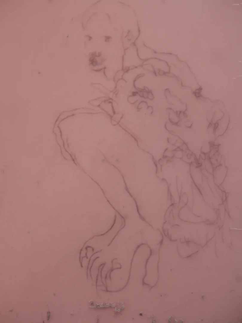 Pencil sketch of overlapping human figures and limbs on a pink surface, with visible scratches and marks.