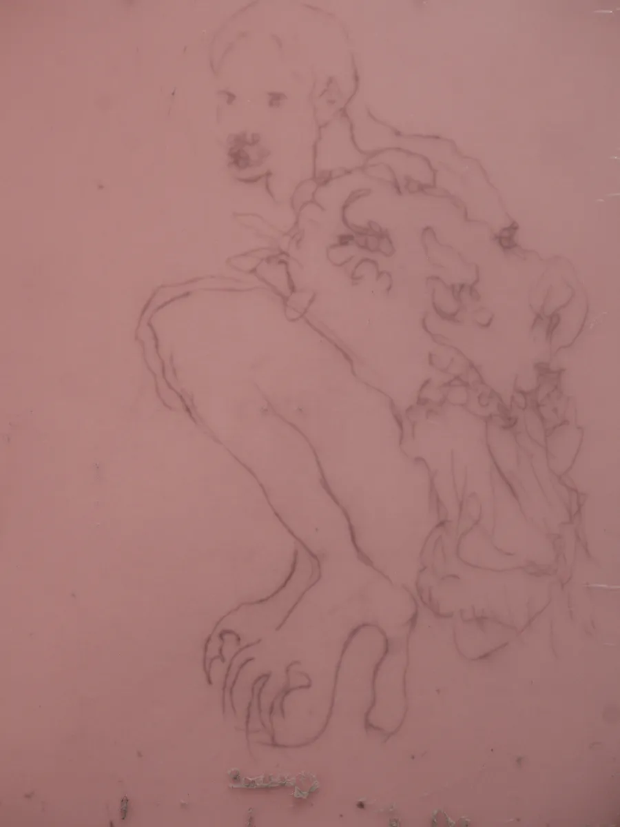 Pencil sketch of overlapping human figures and limbs on a pink surface, with visible scratches and marks.