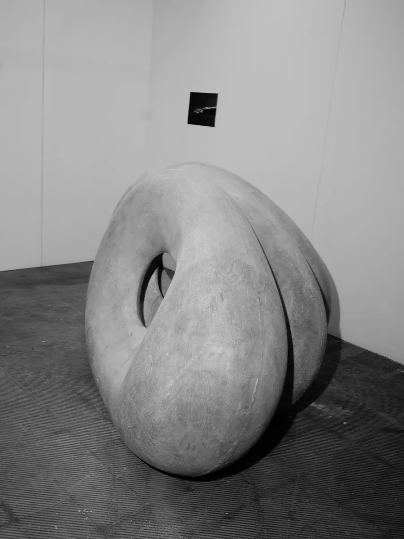 Large grey sculpture composed of overlapping rounded loops, installed on a dark floor against white gallery walls.