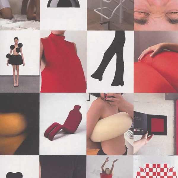 Self Service Issue 65 editorial collage combining fashion silhouettes, red and black geometric forms, furniture details, close-up beauty imagery and abstract design references.