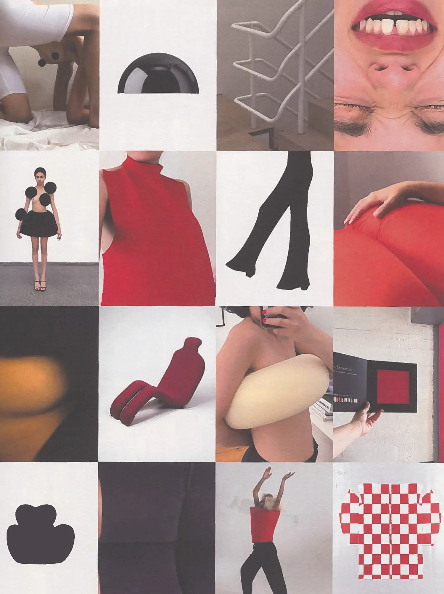 Self Service Issue 65 editorial collage combining fashion silhouettes, red and black geometric forms, furniture details, close-up beauty imagery and abstract design references.