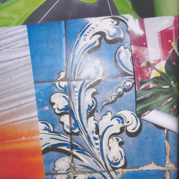 Self Service Issue 65 editorial collage combining blue decorative ceramic tiles, a green car detail, tropical leaves and saturated orange and red graphic elements.