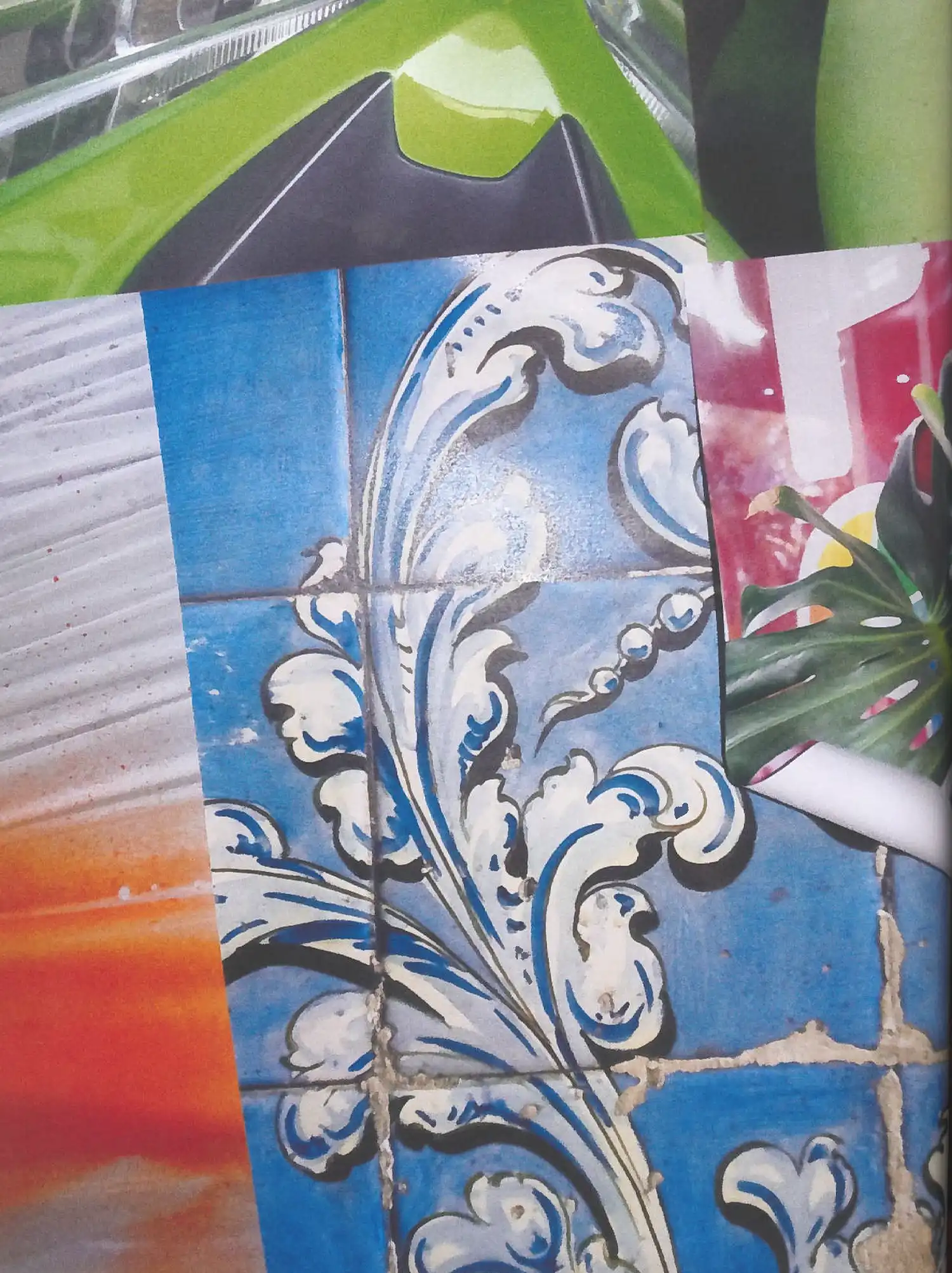 Self Service Issue 65 editorial collage combining blue decorative ceramic tiles, a green car detail, tropical leaves and saturated orange and red graphic elements.