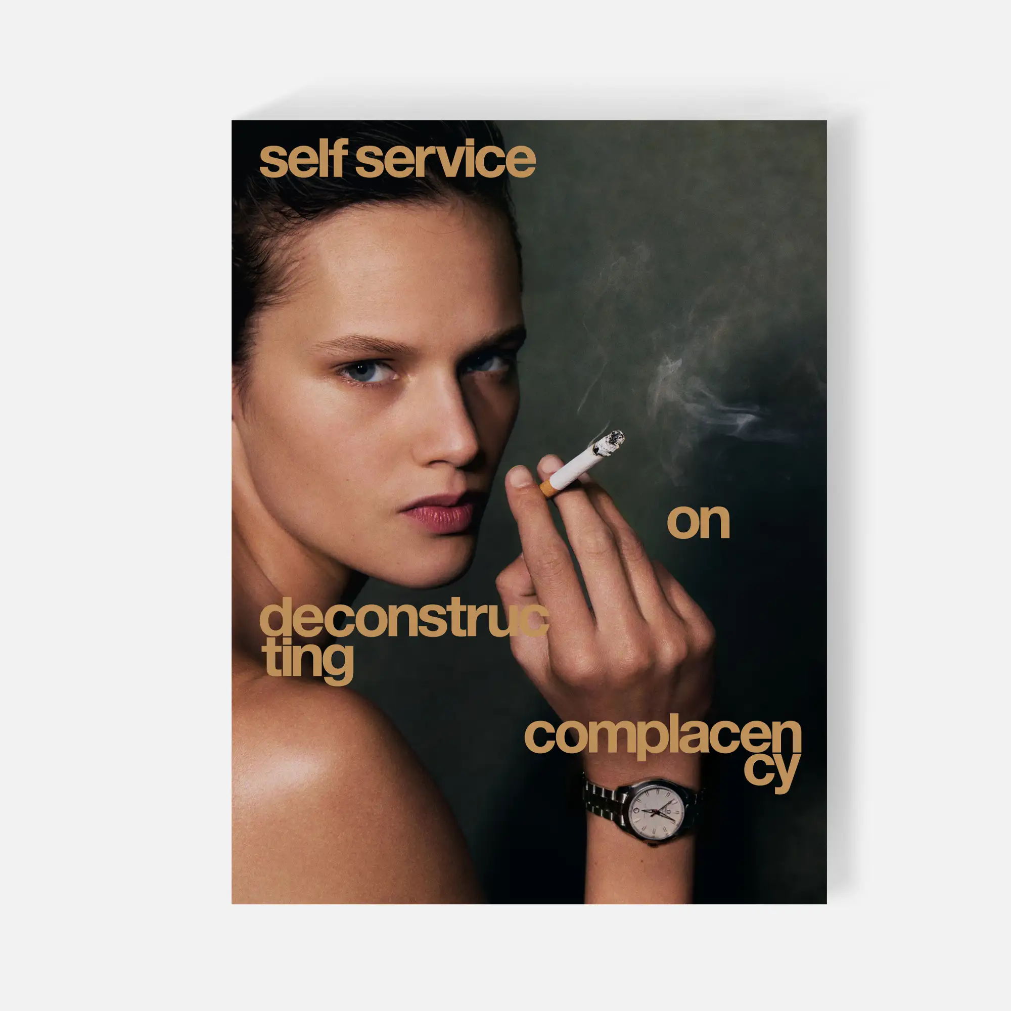 Self Service Issue 65 cover featuring Noor Khan holding a lit cigarette, wearing a silver wristwatch against a dark smoky background, with typography by Ezra Petronio.