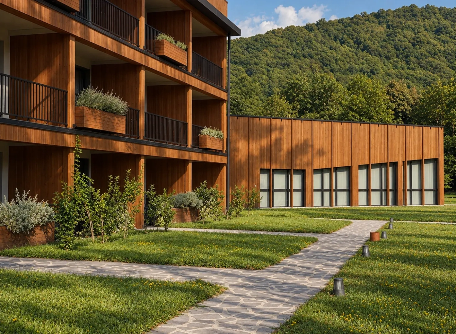 Timber accommodation building at Lopota Lake Resort