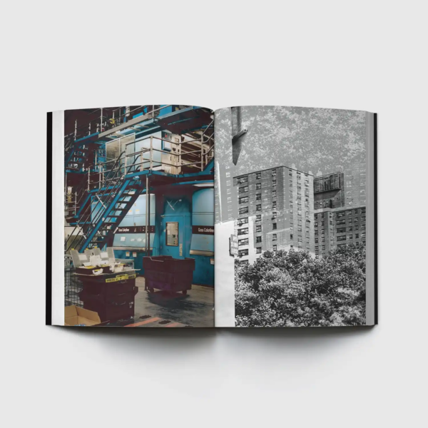 Open photography book showing a color image of blue industrial printing machinery, metal staircases and equipment on the left, alongside a black-and-white photograph of apartment buildings rising above trees on the right.