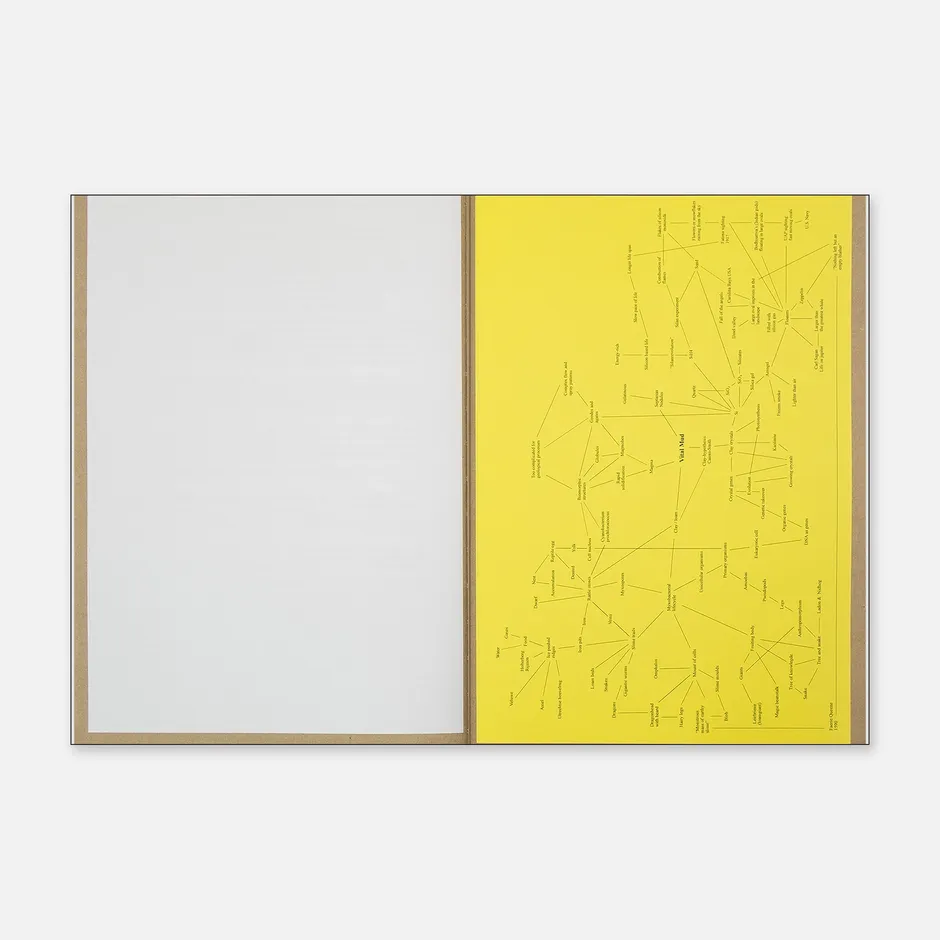 Diagram printed on a bright yellow background, showing a network of small words and concepts connected by thin black lines across the page. 