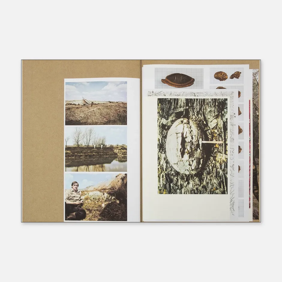 Open spread from Vital Mud by Hiske Altena, featuring three color photographs of rural landscapes and a seated figure on the left, alongside layered archival images of tree bark, organic specimens, and handwritten annotations on the right.